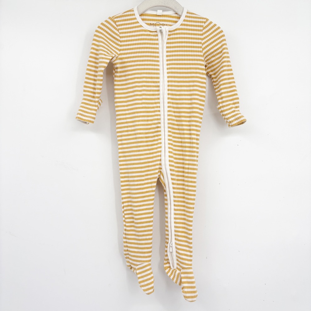 MORI Baby Mustard Stripe Bamboo Organic Cotton Ribbed Clever Zip Pajamas 6-9M